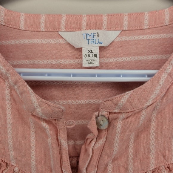 Time and Tru Pink White Stripe Women's Puff Long Sleeve Cotton Top XL (16-18) - Picture 4 of 10